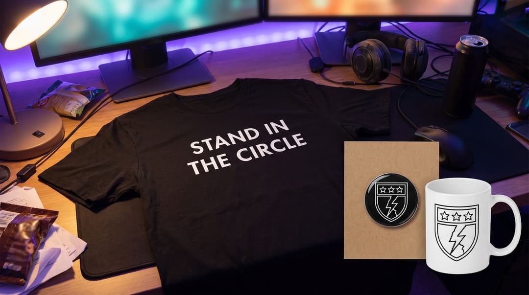 A black T-shirt reading STAND IN THE CIRCLE laid across a cluttered gaming desk, with an enamel pin on its card and a white mug carrying the same shield emblem beside it.