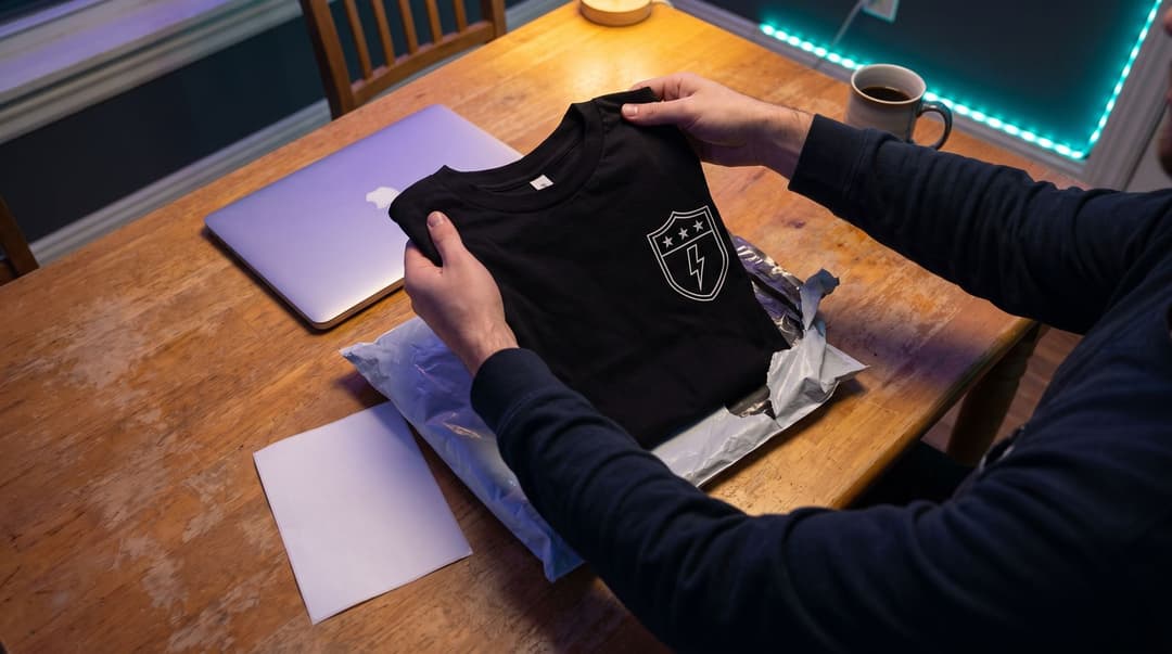 Hands lifting a folded black T-shirt with a small white shield emblem on the chest out of a torn-open grey mailer on a kitchen table, a laptop and a mug of coffee alongside.