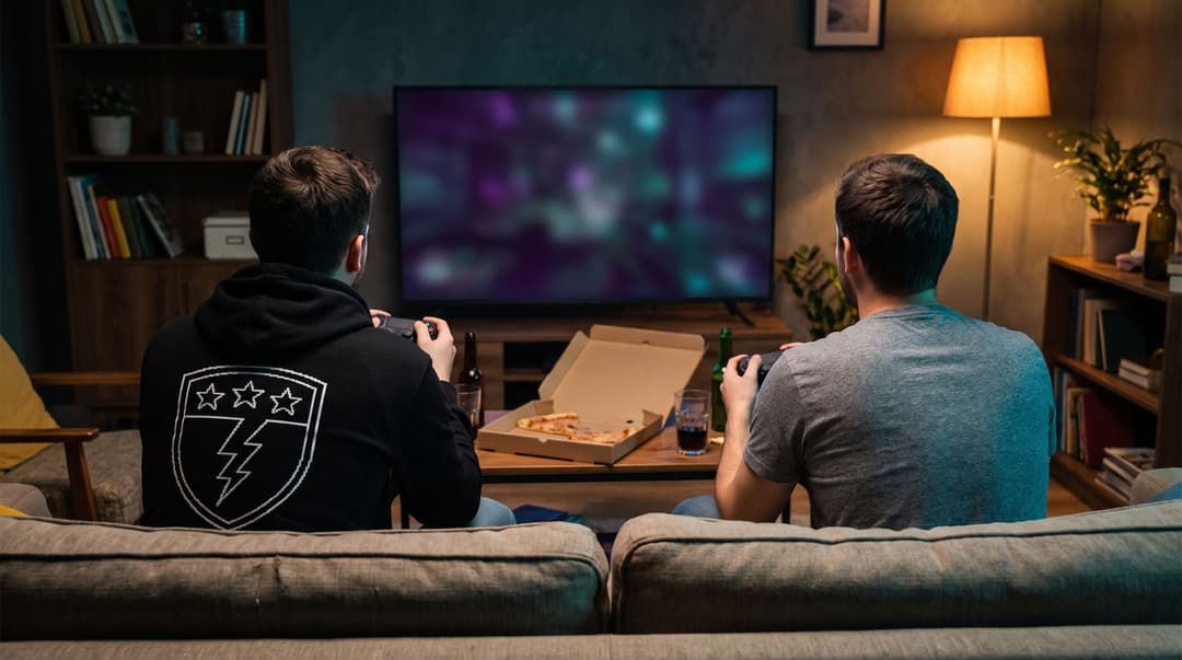 Two friends seen from behind on a sofa with controllers, one wearing a black hoodie with the shield emblem printed large across the back, a pizza box on the table and a game on the TV.