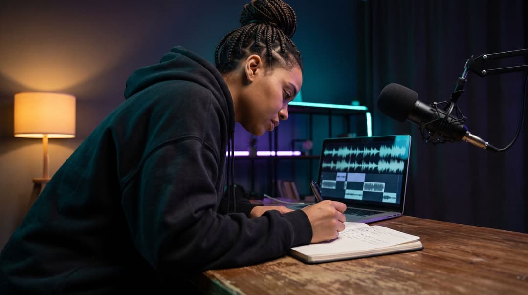A podcast host in headphones listens back to an episode at her desk, laptop showing the audio waveform, and jots phrases in a notebook.