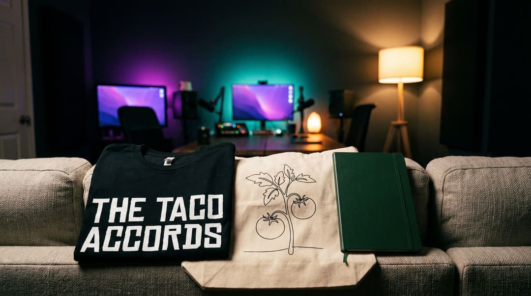 Three merch concepts laid across a sofa: a black tee reading THE TACO ACCORDS, a canvas tote with a line-drawn tomato plant, and a plain green hardcover journal.