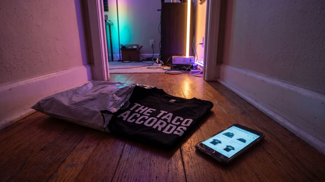A single mailer torn open on a hallway floor with a THE TACO ACCORDS tee coming out of it, a phone beside it showing a small online storefront.