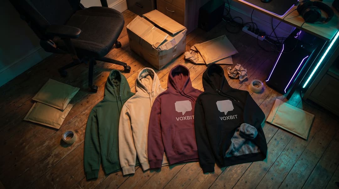 Four hoodies laid out on the floorboards of a streaming room between the gaming chair and the PC: forest green, sand, burgundy and black, one cuff turned to show the fleece inside, a torn-open sample box and padded mailers around them.
