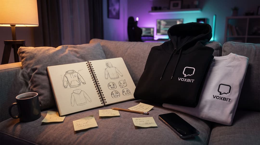 A sketchbook open on a sofa with pencil sketches of hoodie layouts and a page of cartoon emote faces, scribbled sticky notes, a pencil, a mug and a phone face down, a folded black hoodie and white tee with a small VOXBIT mark beside it, the streaming setup glowing purple in the background.