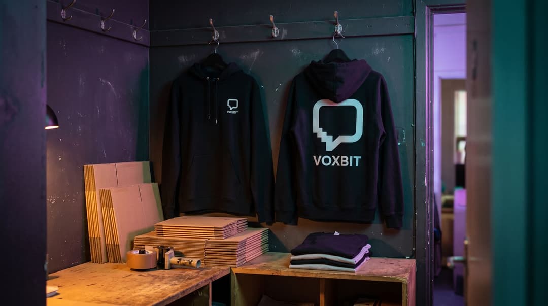 Two black hoodies on wall hooks in a dim packing corner: one facing forward with only a small VOXBIT speech-bubble mark on the left chest, the other turned to show the same mark printed large across the back, flat mailers and folded tees on the bench below.