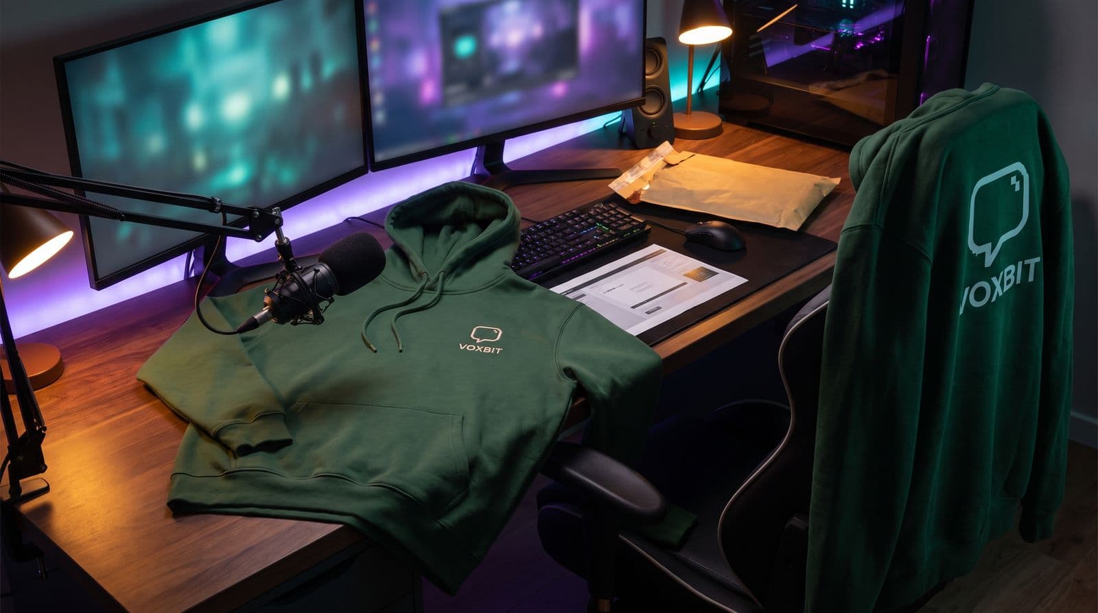 A forest-green hoodie with a small embroidered speech-bubble mark and the invented channel name VOXBIT on the chest, laid across a streaming desk under the mic arm, a second hoodie over the gaming chair showing the same mark printed large across the back, monitors glowing behind.