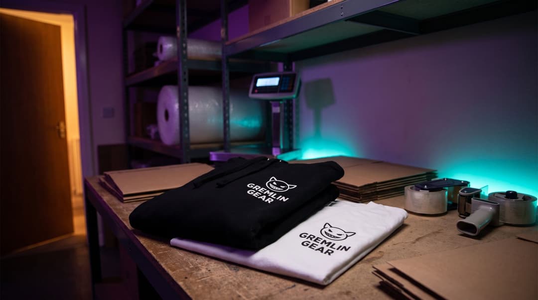 A folded hoodie and t-shirt branded with the GREMLIN GEAR logo sit on a cluttered packing station illuminated by purple and teal ambient light.