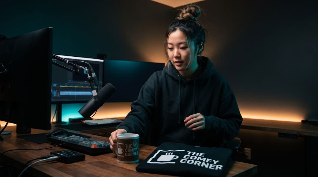 A young woman with her hair in a bun sets a mug branded with 'THE COMFY CORNER' logo onto her dimly lit, LED-accented streaming desk.