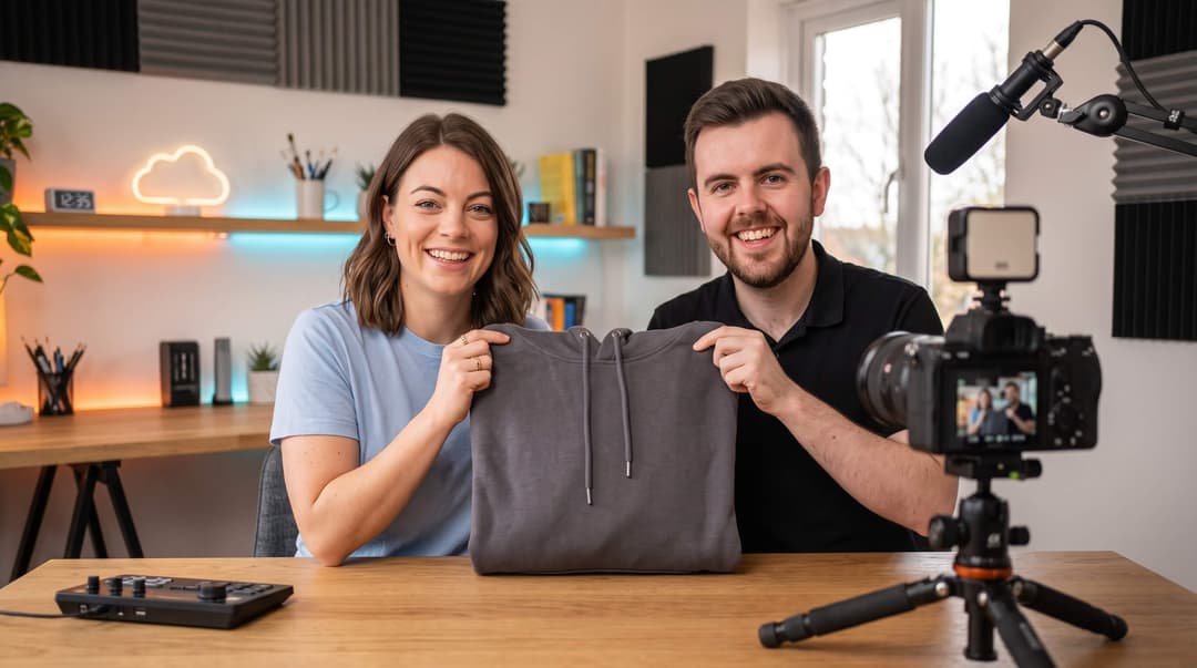 Two creators holding up a grey hoodie to a camera on a tripod in a home studio with a boom mic