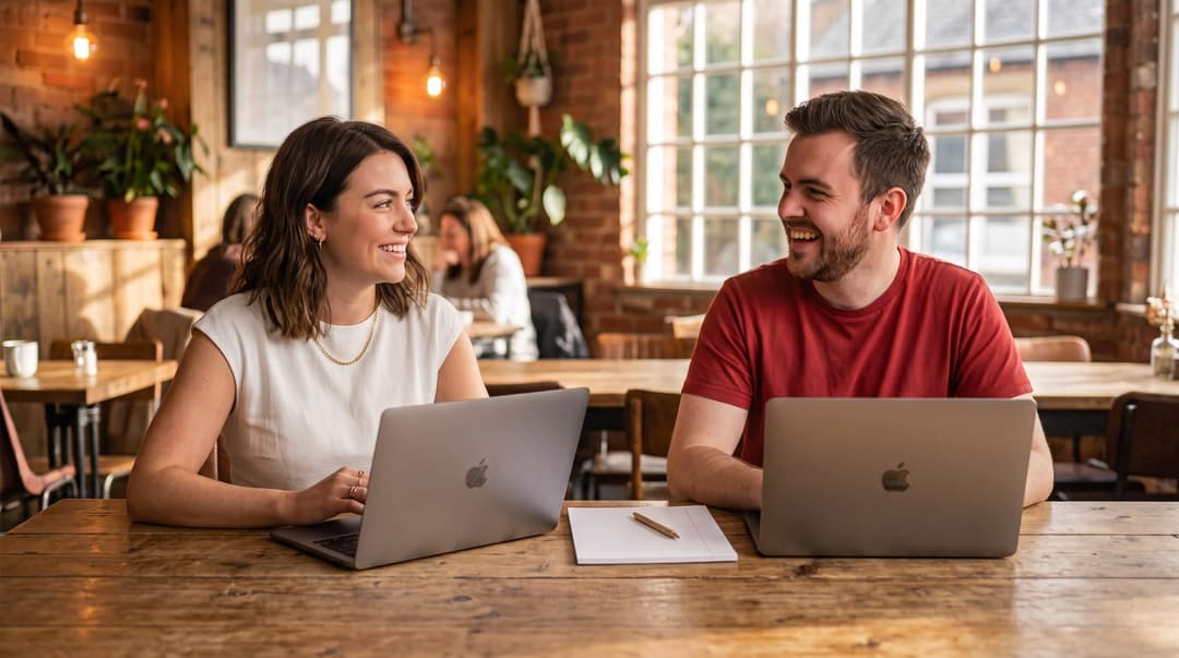 Two creators with laptops at a café table, turning to each other mid-conversation
