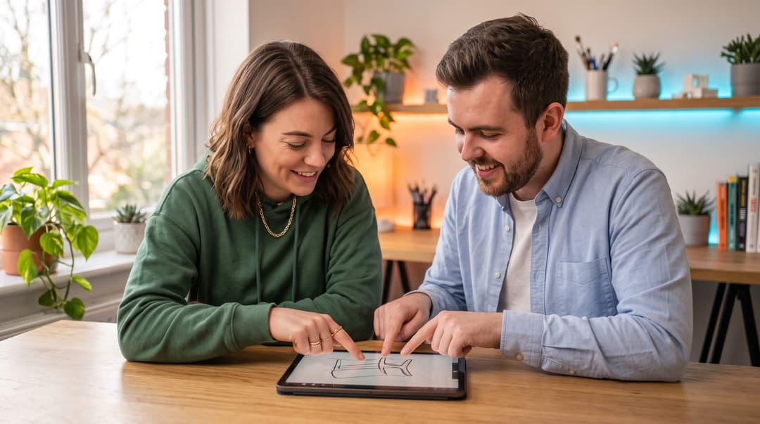 Two creators leaning over a tablet on a desk, both pointing at a design sketch on screen