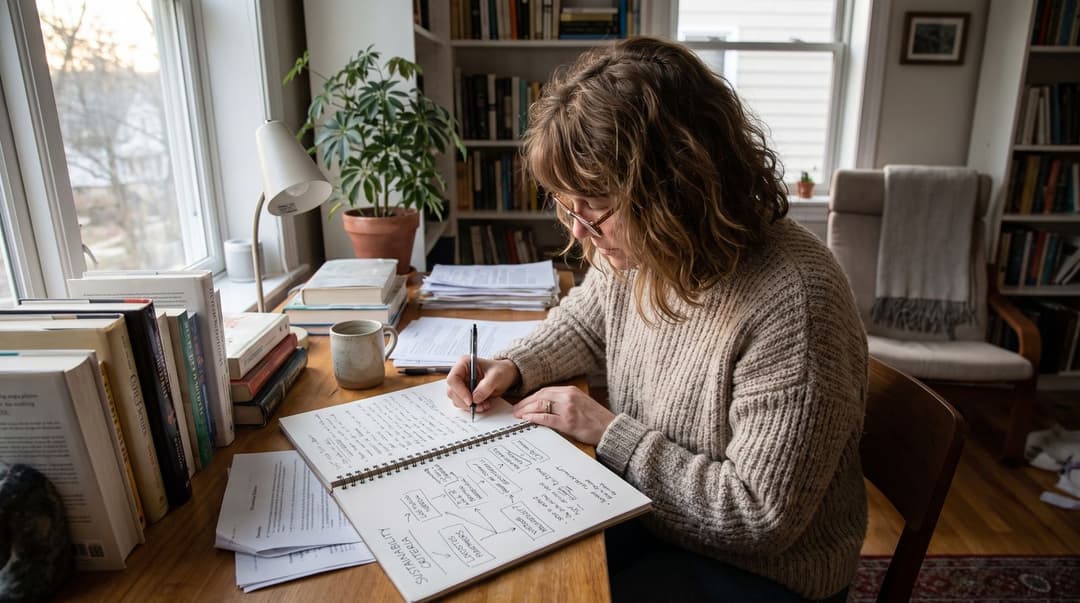 A woman in a knit sweater sits at her desk writing notes in a notebook about sustainable business practices.