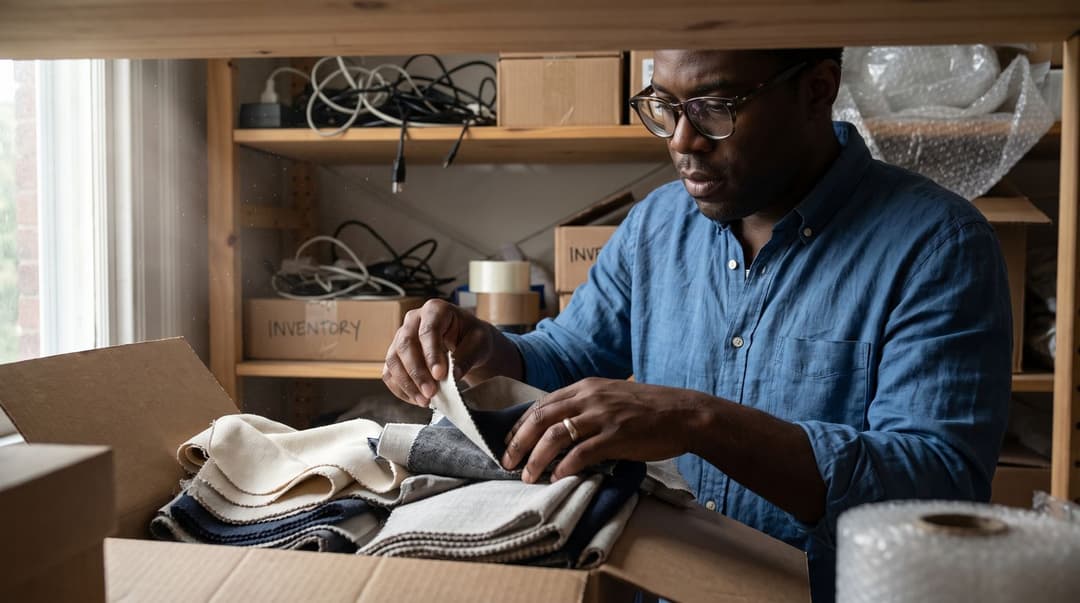 A man in his fifties examines plain fabric samples inside a cluttered storage area filled with boxes and supplies.