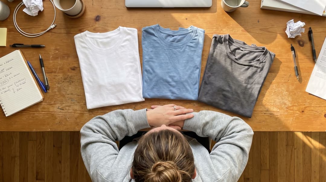 A top-down view of a person wearing an oversized hoodie looking at a row of t-shirts in different stages of wear laid out on a wooden desk.