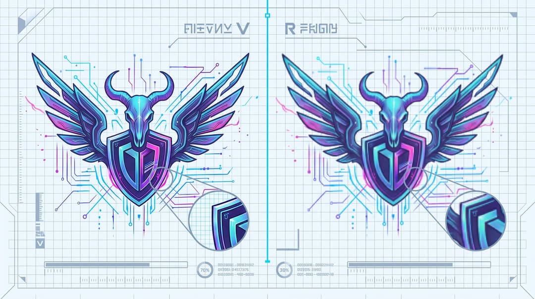 A blueprint-style diagram comparing two versions of a winged skull-and-shield streamer logo side by side, with magnified detail circles and percentage stats highlighting design differences