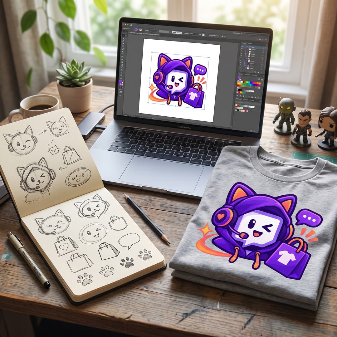 Desk with mascot sketches in a notebook, the finished design open in vector software, and the same design printed on a folded grey t-shirt