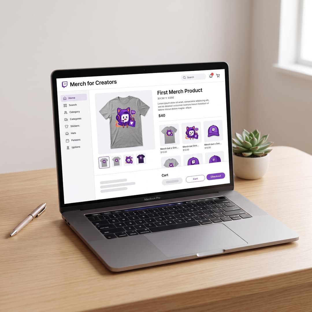 Laptop showing a creator merch store product page with a printed t-shirt, its price and related caps and tees