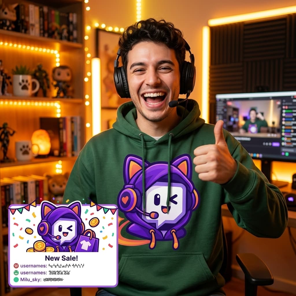 A streamer on camera wearing their own merch hoodie with an on-screen alert graphic celebrating a sale, energetic warm lighting, no readable text