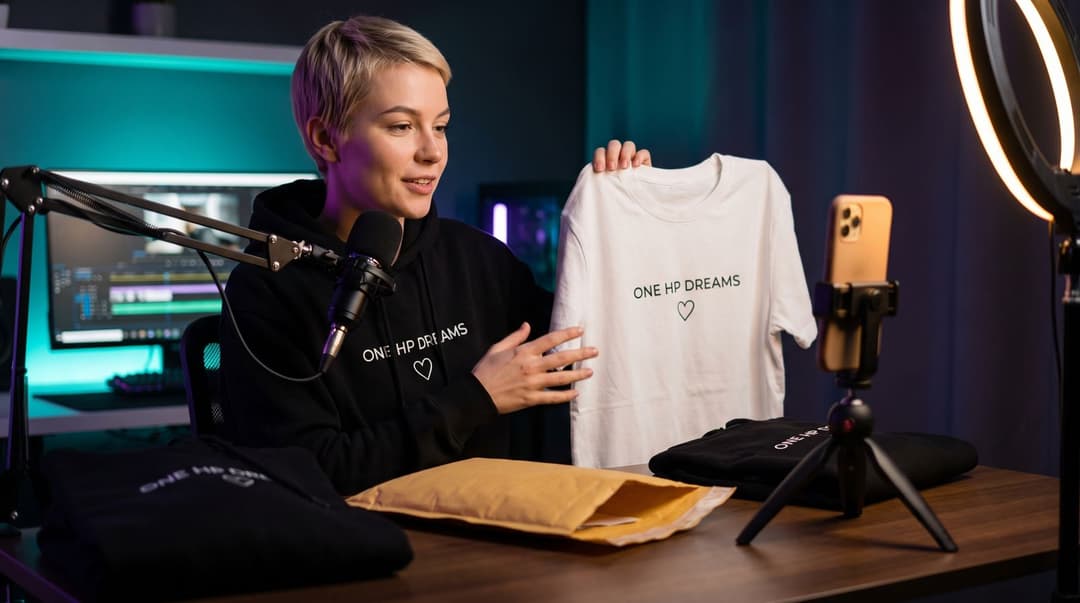 A streamer with a blond pixie cut records a video for her channel in a dimly lit, purple and teal-accented room, holding up a branded t-shirt to her phone camera.