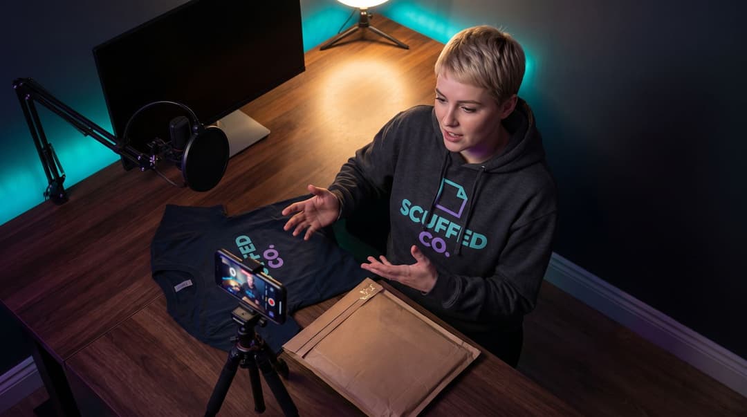 A creator wearing a SCUFFED CO. branded hoodie records a vertical video on her phone at her dimly lit, purple and teal-accented streaming desk, with a matching branded t-shirt displayed nearby.