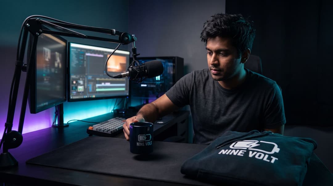 A South Asian streamer in his late 20s sets a branded 'NINE VOLT' mug down on his desk next to a matching hoodie, illuminated by the purple and teal glow of his streaming setup.