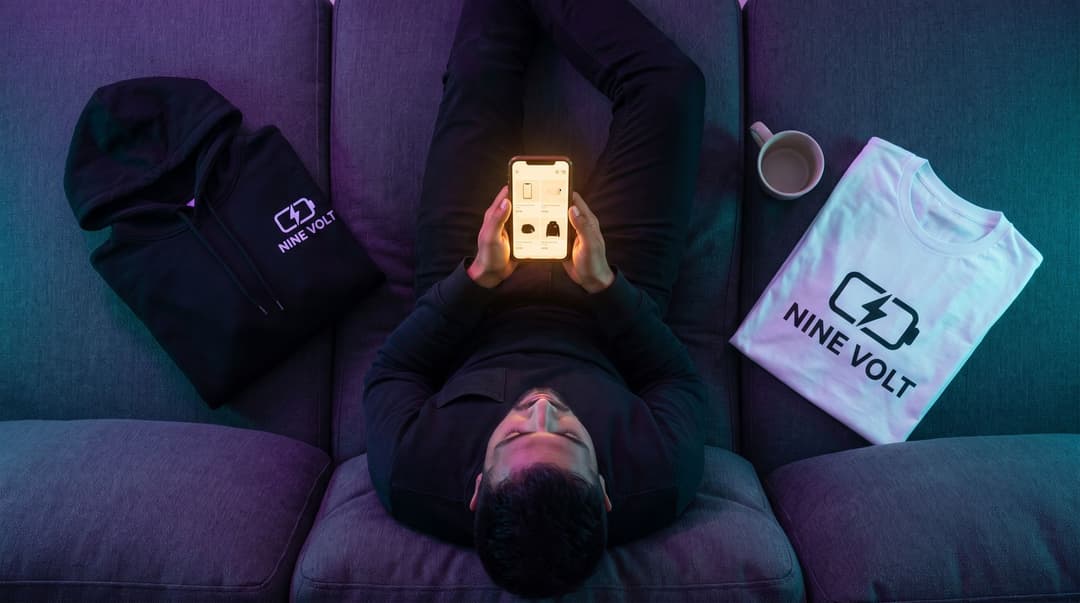 A South Asian man in his late 20s reclines on a dark sofa, holding a phone that displays his NINE VOLT brand storefront while his branded hoodie and t-shirt are laid out on the cushions.
