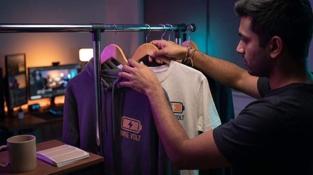 A man hanging NINE VOLT branded apparel on a rack in a room illuminated by purple and teal ambient streaming lights.