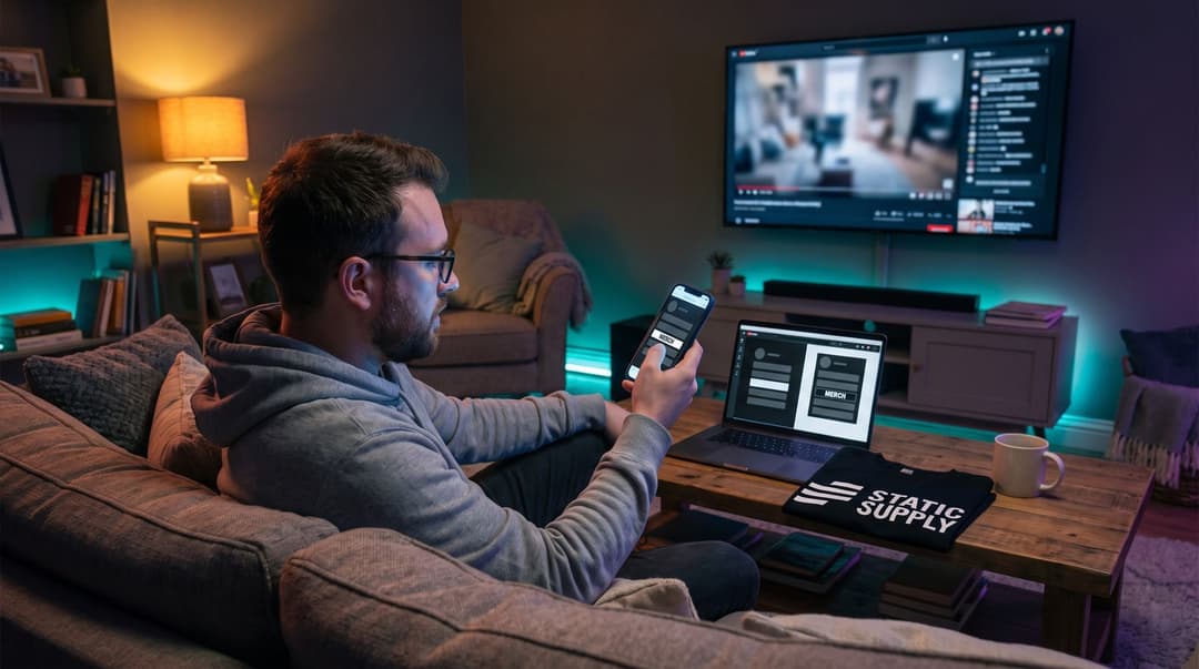 A man sitting on a sofa in a dimly lit living room uses his phone to tap a 'MERCH' panel on a channel page, with a branded t-shirt and a laptop displaying the same page layout visible on the coffee table nearby.