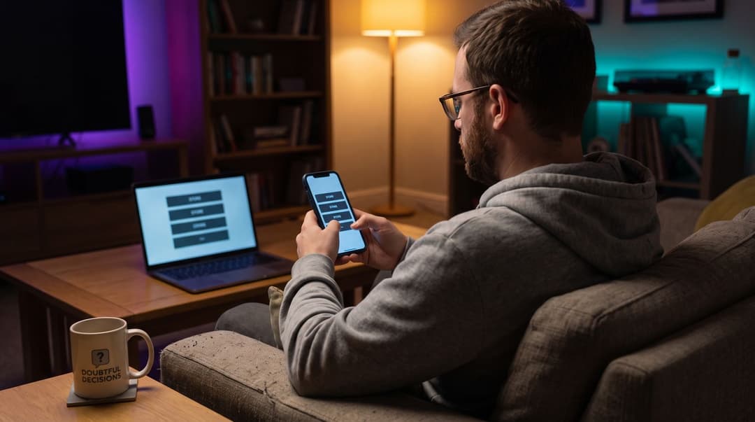 A man browses a channel page on his phone while sitting on a sofa, with a branded coffee mug nearby clearly showing the DOUBTFUL DECISIONS logo.