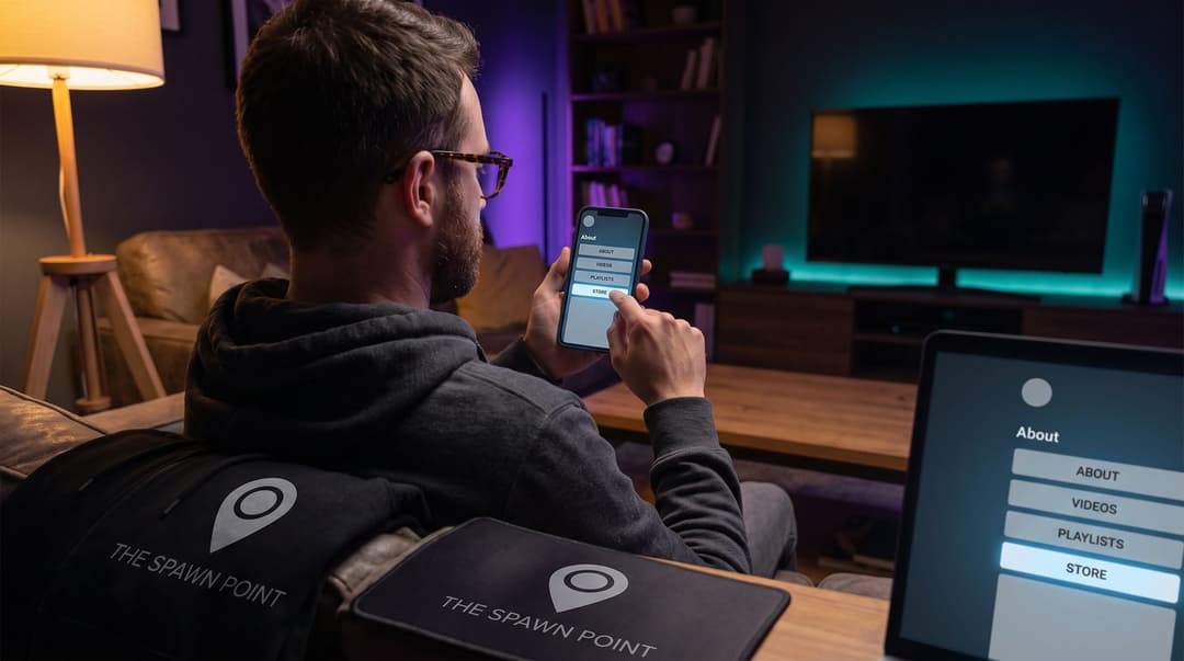 A man in his early 30s uses his phone to browse a streamer's channel page, tapping on a 'STORE' panel while a laptop on the coffee table shows the same layout.
