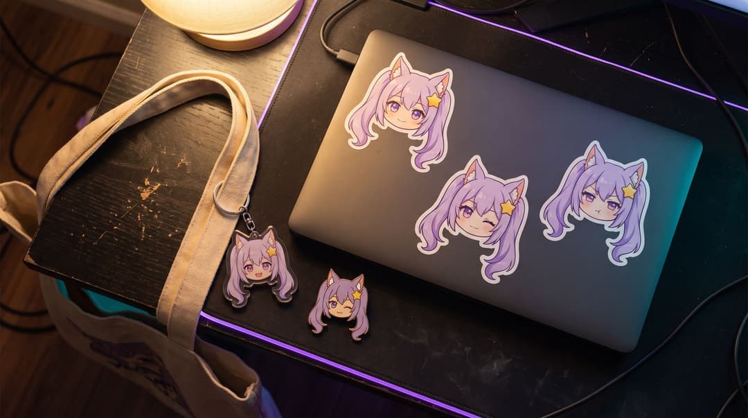 Three die-cut stickers of a chibi VTuber avatar on a laptop lid, with a matching acrylic keychain on a tote strap and a small enamel pin beside it.