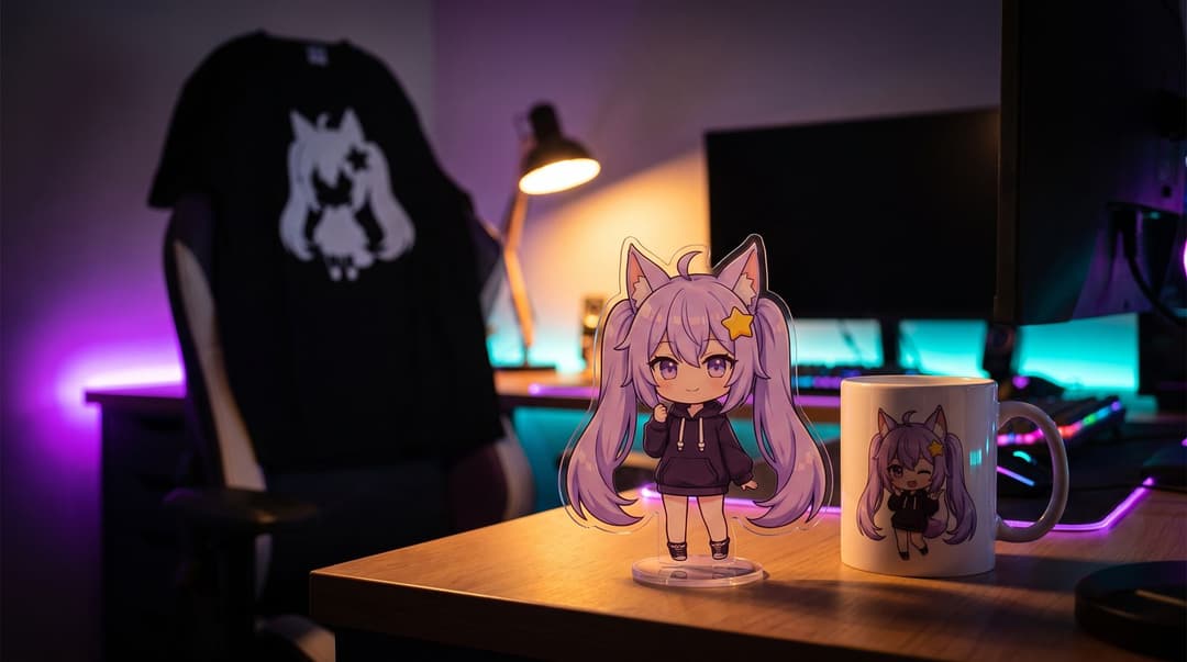 An acrylic standee of the chibi avatar on a streaming desk next to a mug printed with her winking face, a tee with her silhouette draped over the chair behind.