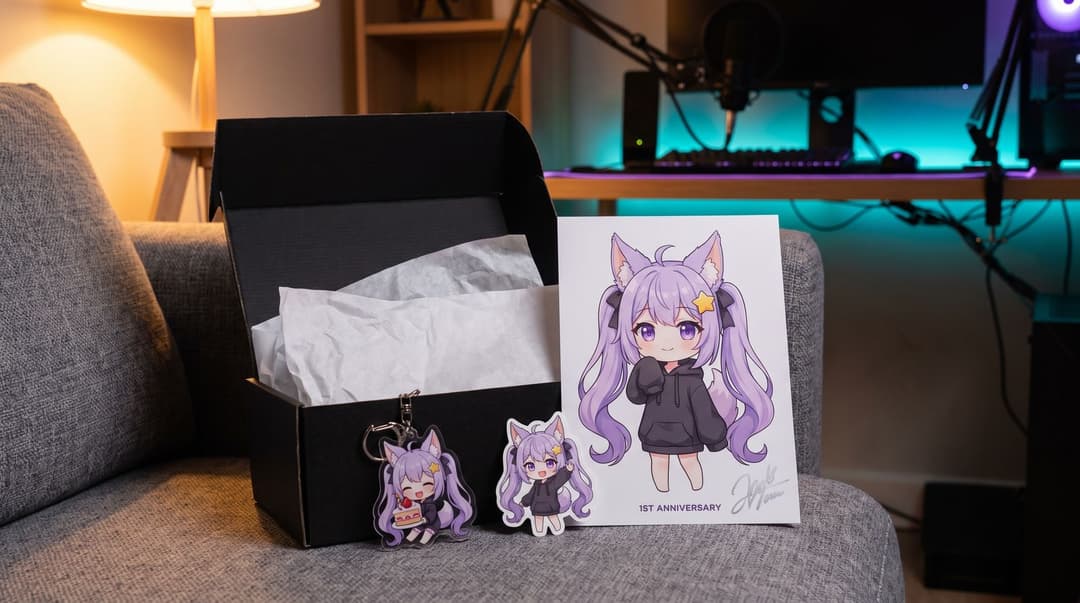A limited anniversary set unboxed on a sofa: a signed 1ST ANNIVERSARY art print of the avatar, a keychain of her holding a cake and a matching sticker beside a black gift box.