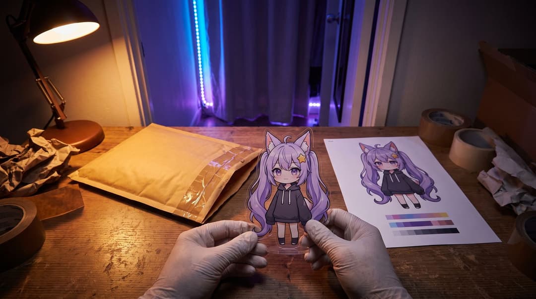 Hands hold a freshly arrived sample acrylic standee of the avatar next to its printed proof sheet on a packing table, one opened mailer beside it.