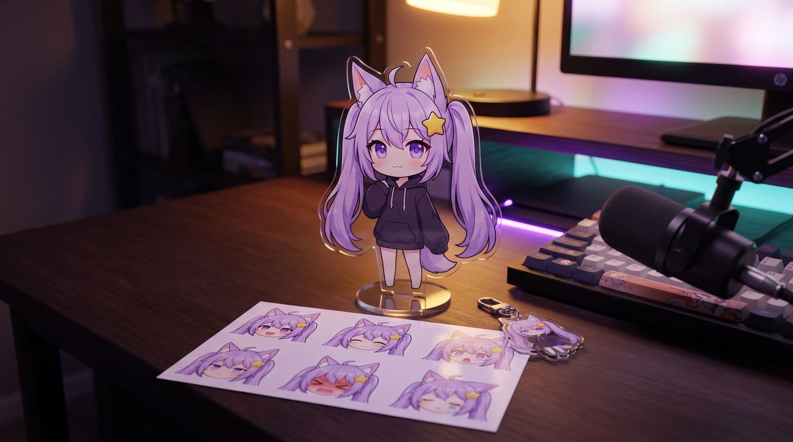 A collection of custom VTuber merchandise, including an acrylic standee, a sheet of die-cut stickers, and an acrylic keychain, all featuring the same chibi anime girl character, sitting on a dimly lit streaming desk.