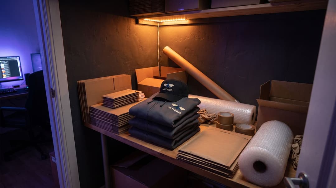 A dimly lit, cramped corner used for packing merchandise, featuring folded hoodies and a cap branded with the MOTHKID logo surrounded by mailers and shipping tape.