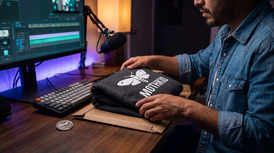 A Latino creator in a denim shirt packs a MOTHKID branded hoodie into a shipping mailer at his dimly lit, neon-accented streaming desk during the busy holiday season.