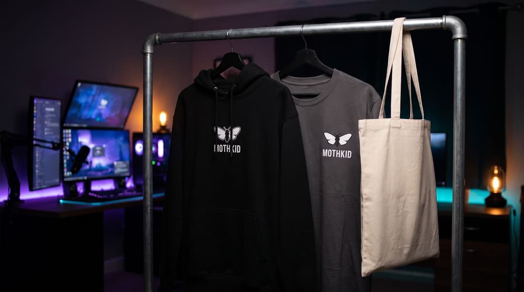 A man in his 30s with stubble, wearing a denim shirt, inspects a black hoodie and charcoal tee hanging on a wardrobe rail, both branded with the MOTHKID moth logo.