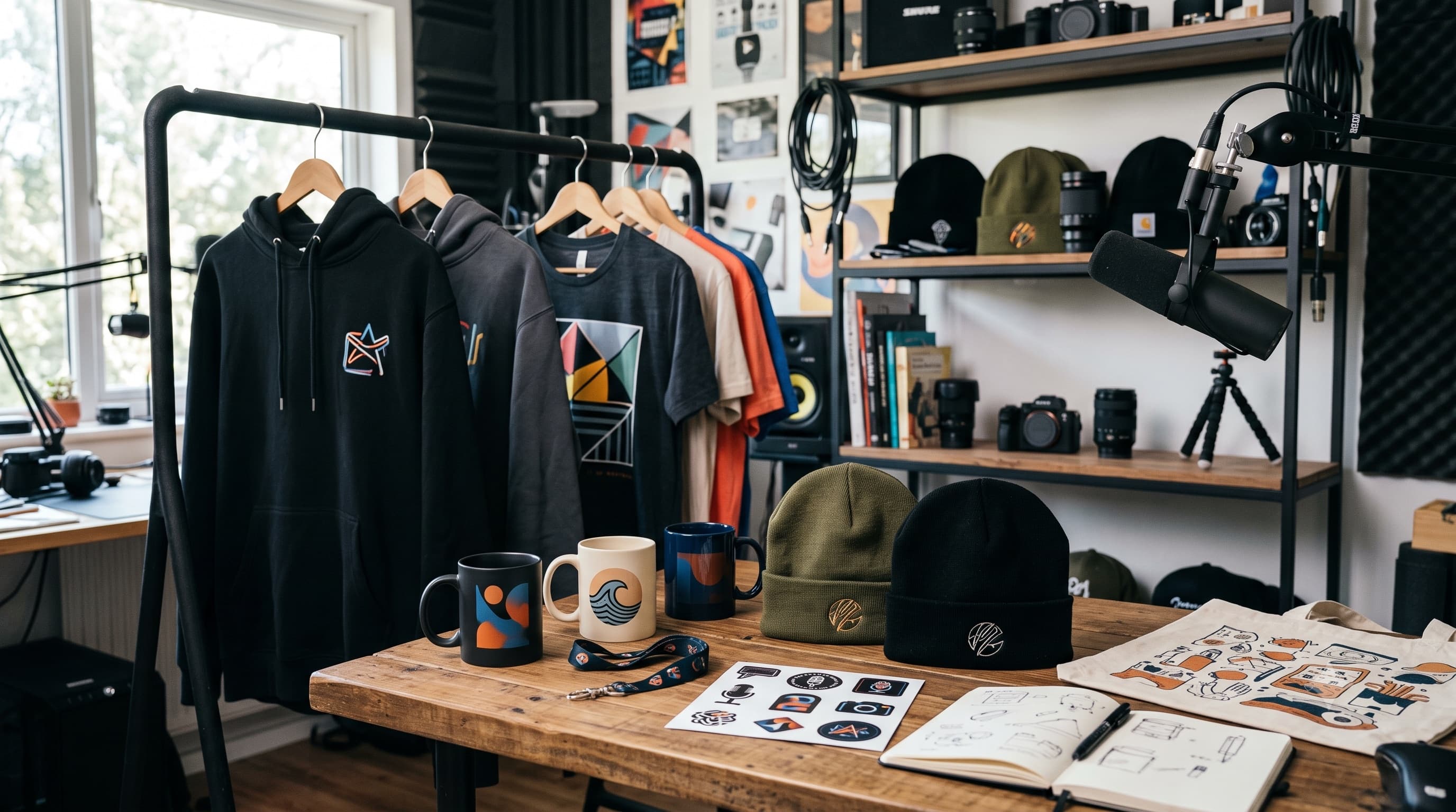 A merchandise display in a content creator's studio: branded hoodies and t-shirts on a clothing rack, mugs, beanies, a lanyard, and stickers arranged on a wooden table, with a tote bag, sketchbook, microphone, and camera gear with bookshelves in the background