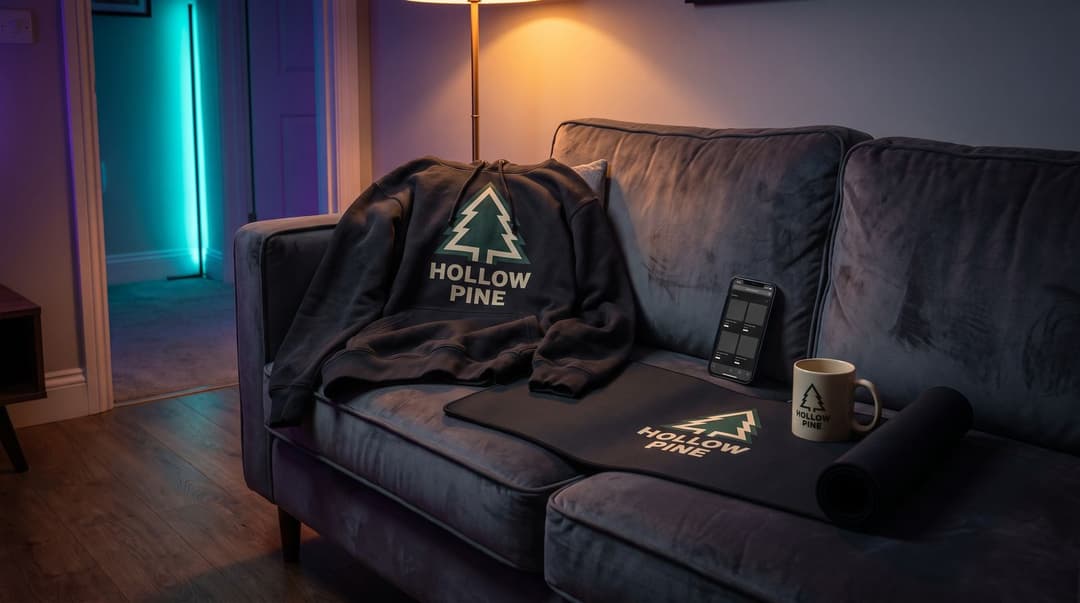 A Hollow Pine hoodie draped over a sofa next to a matching desk mat and mug, a phone propped up showing a blurred store page, a floor lamp and teal LED light in the doorway behind.
