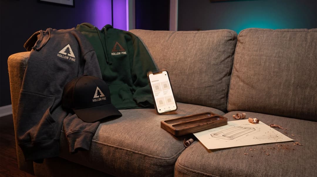 Two hoodies and a cap with a small clean Hollow Pine mark on a sofa, a phone showing a blurred storefront grid, and a handmade walnut pen tray beside its pencil sketch and wood shavings.