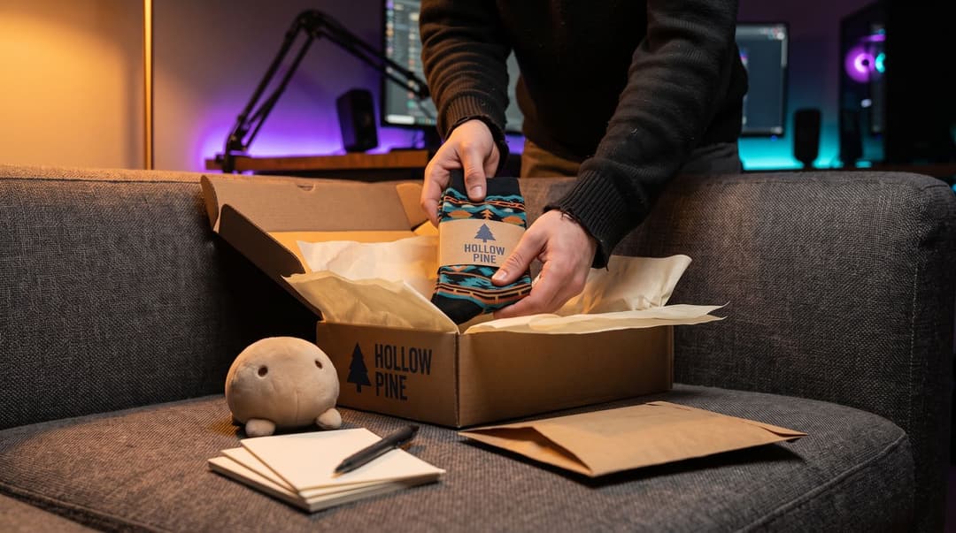Hands placing a pair of patterned socks with a Hollow Pine paper band into a small branded subscription box lined with tissue, a plush mascot, blank thank-you cards, a pen and a kraft envelope on the sofa beside it, the streaming desk lit purple behind.
