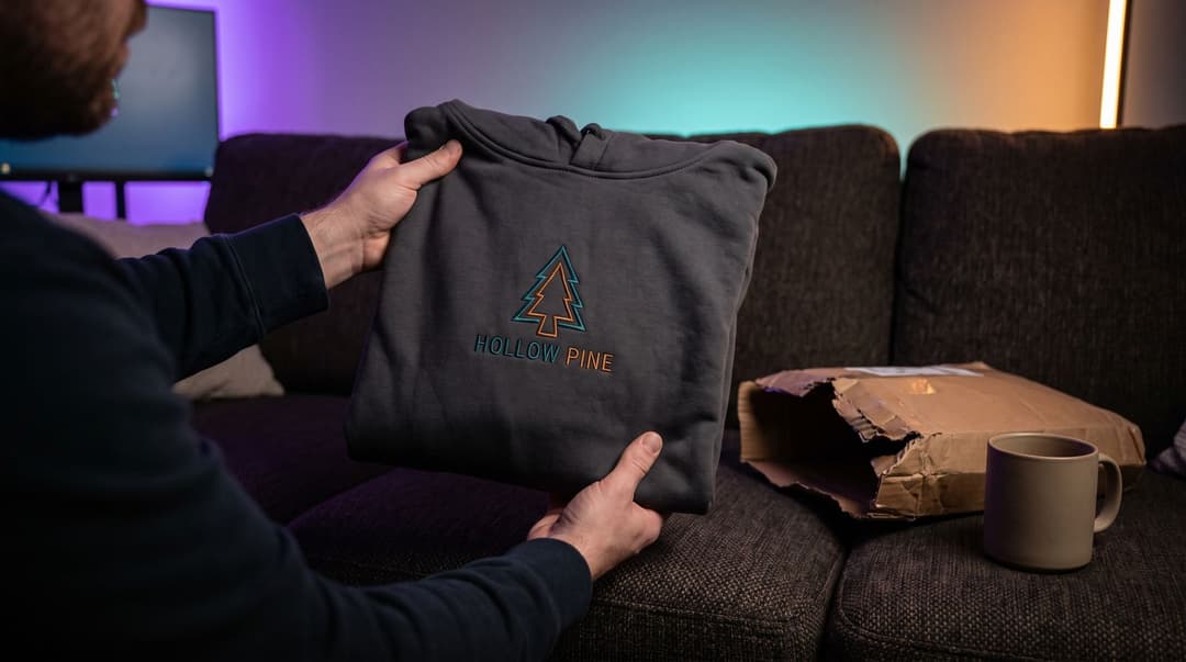 Hands holding up a single folded grey hoodie with a small embroidered pine-tree mark and the invented name Hollow Pine, a torn-open mailer and a mug on the sofa beside it, the streaming setup glowing out of focus behind.