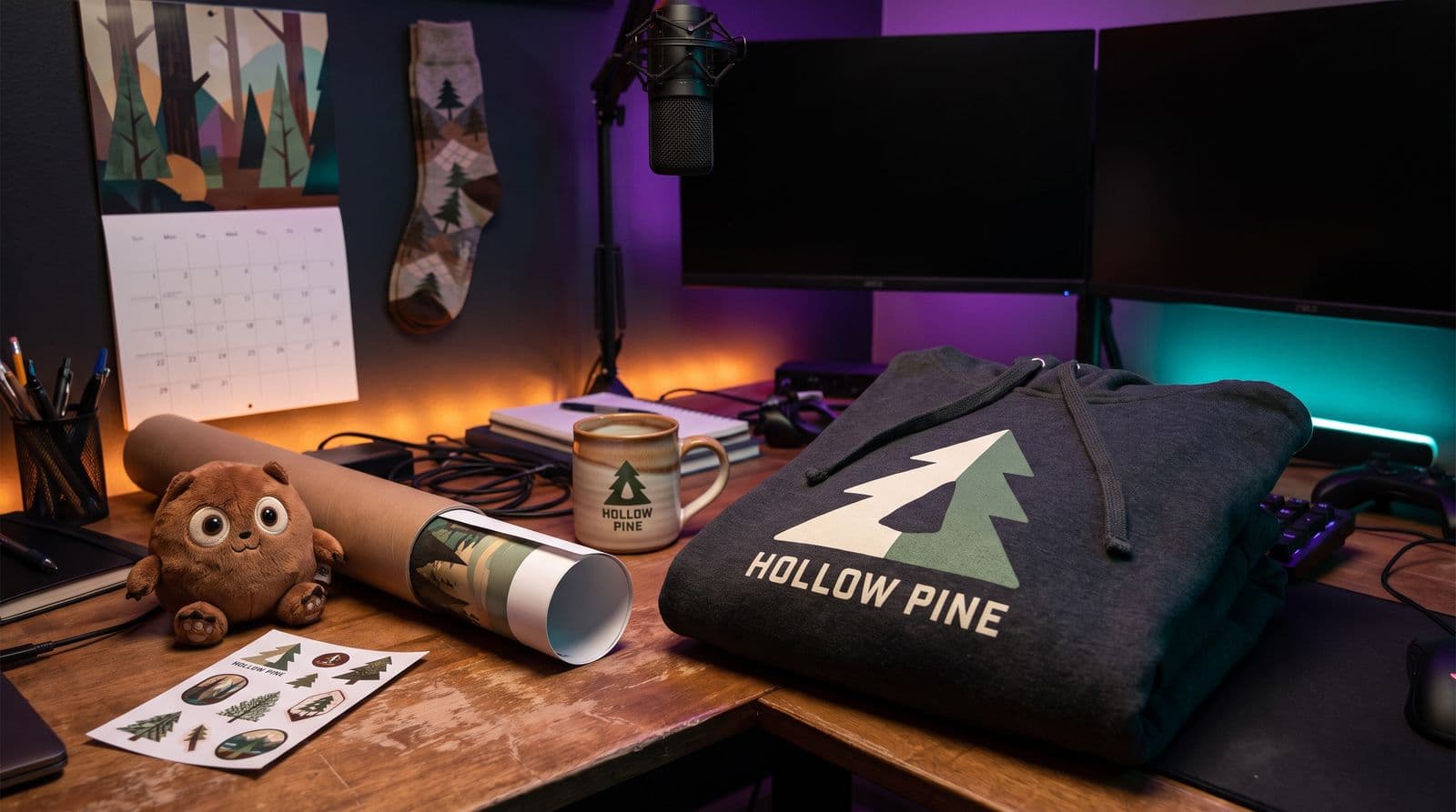 A spread of merch for an invented channel called Hollow Pine on a streaming desk under the mic: a folded charcoal hoodie with a pine-tree mark, a mug, a plush bear, a rolled poster in its tube, a sticker sheet, a wall calendar and a patterned sock, purple and teal LED light behind.